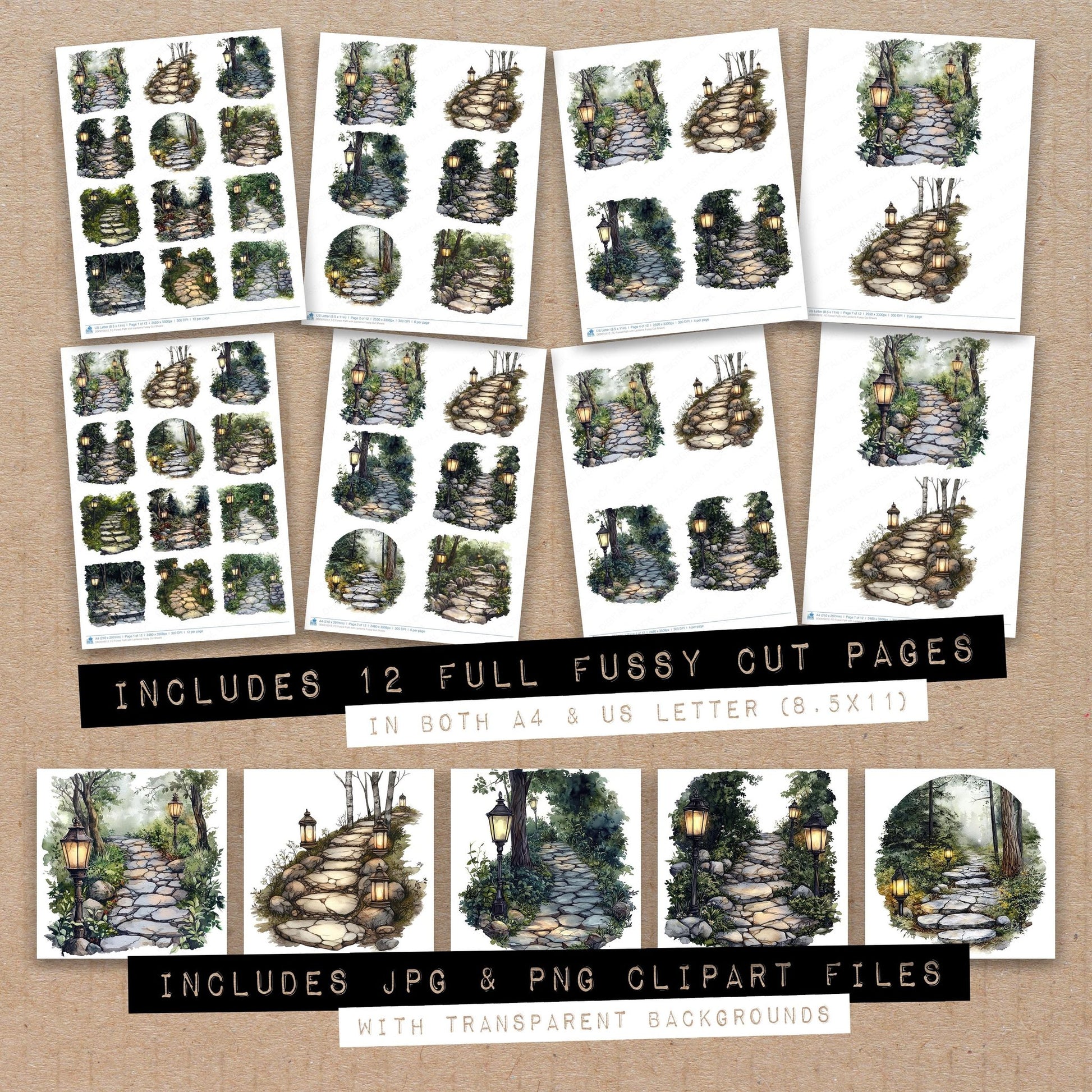 Full collection view of Forest Path with Lanterns fussy cut sheets with bonus clipart JPG and PNG files