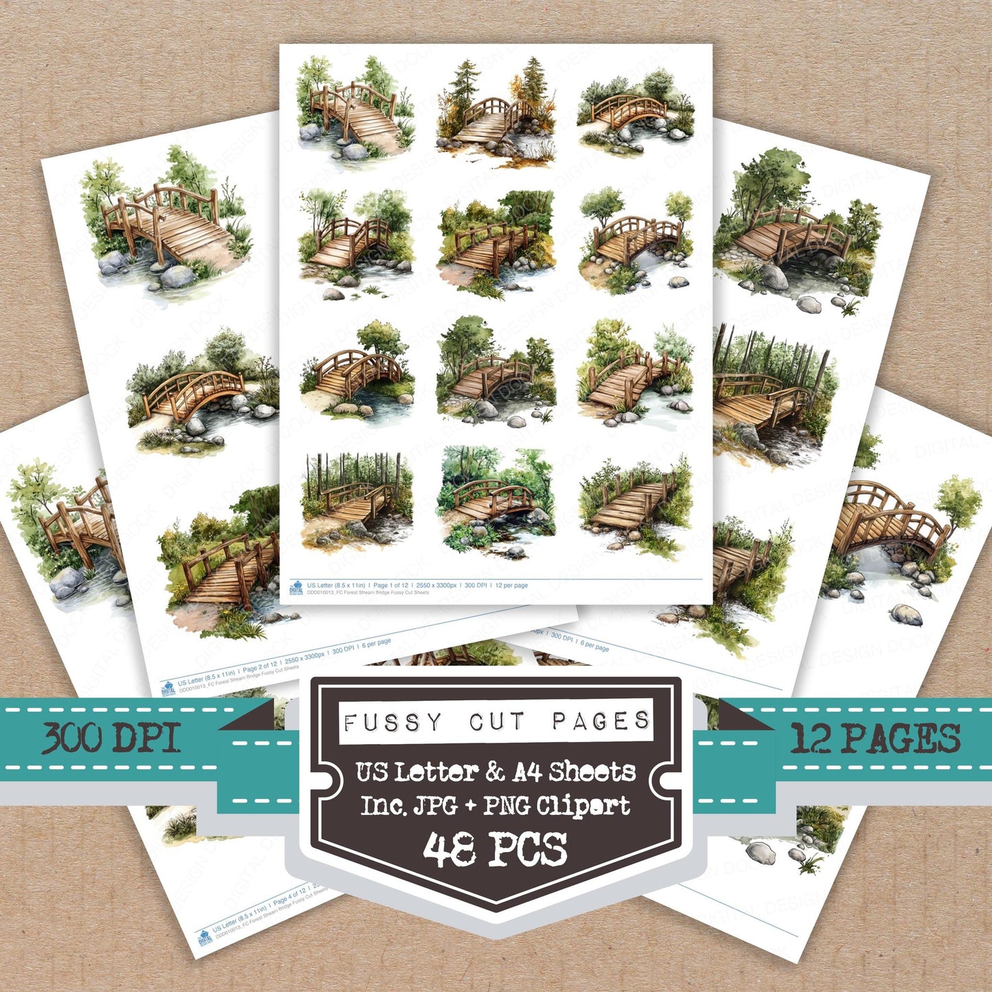 Forest Stream Bridge fussy cut printable sheets for junk journaling, scrapbooking, and paper craft projects