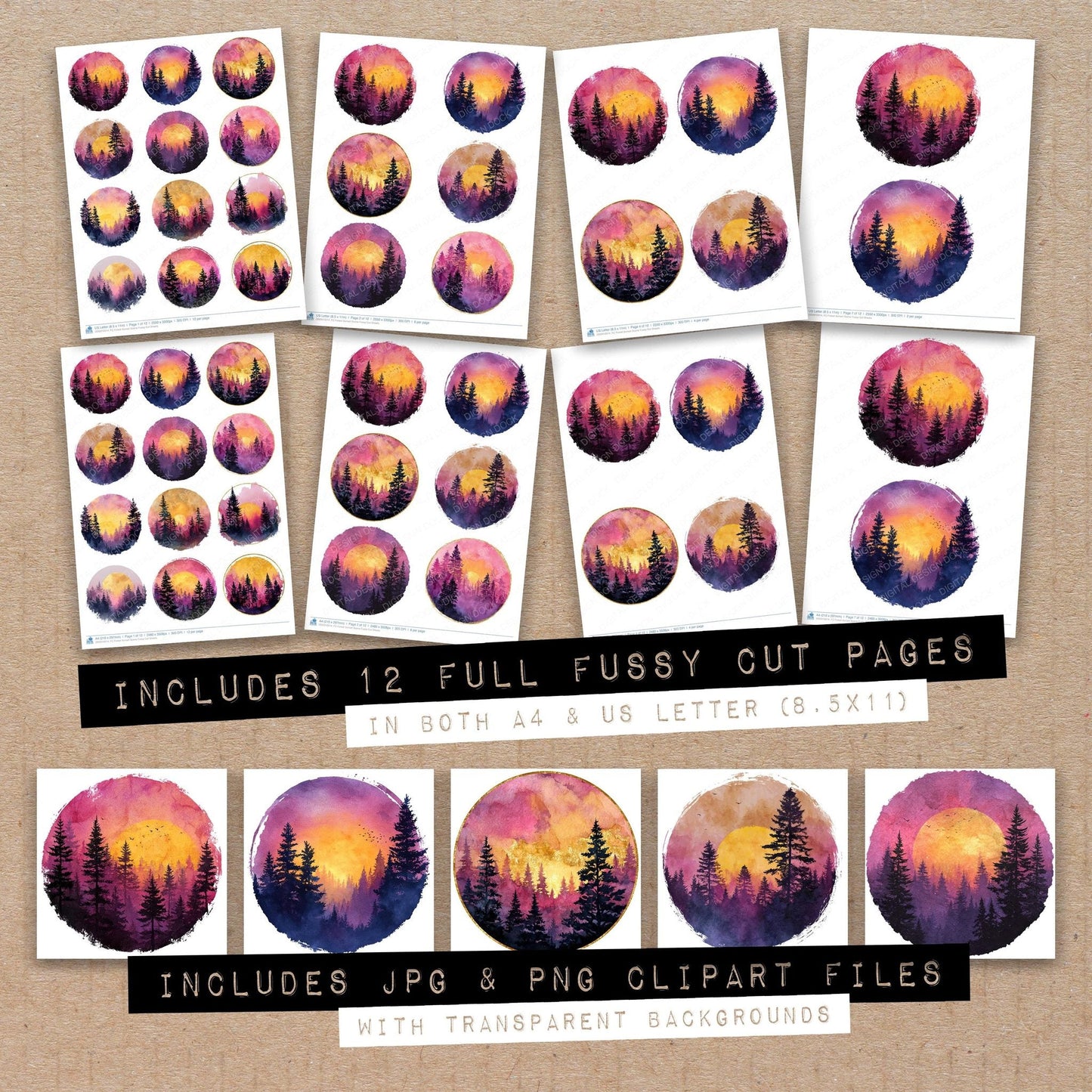 Forest Sunset Scene Fussy Cut Sheets (DDD010014)