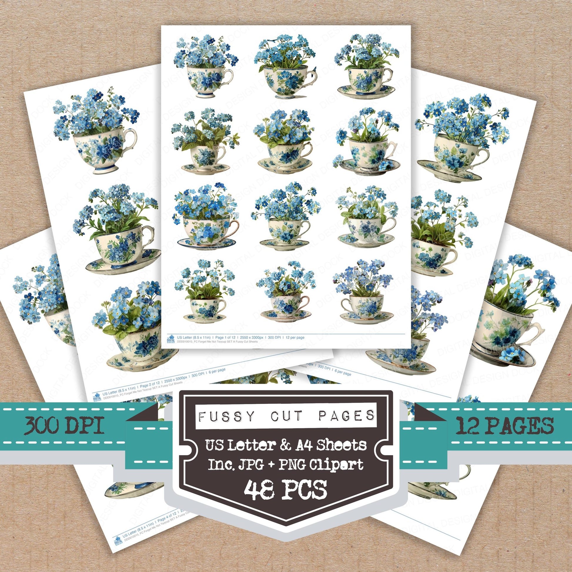 Forget Me Not Teacup A fussy cut printable sheets for junk journaling, scrapbooking, and paper craft projects