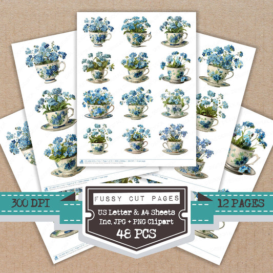 Forget Me Not Teacup A fussy cut printable sheets for junk journaling, scrapbooking, and paper craft projects