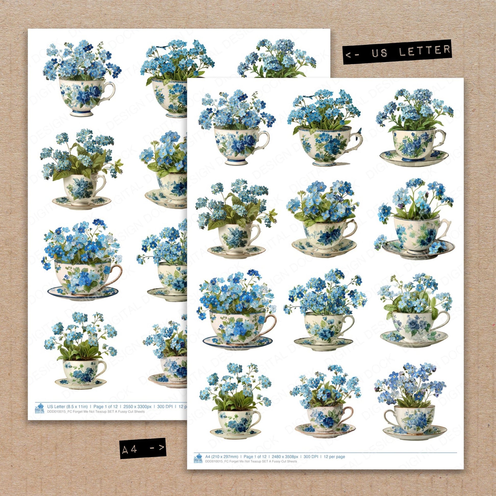 A4 and US Letter format comparison showing Forget Me Not Teacup A fussy cut pages for print and cut crafting