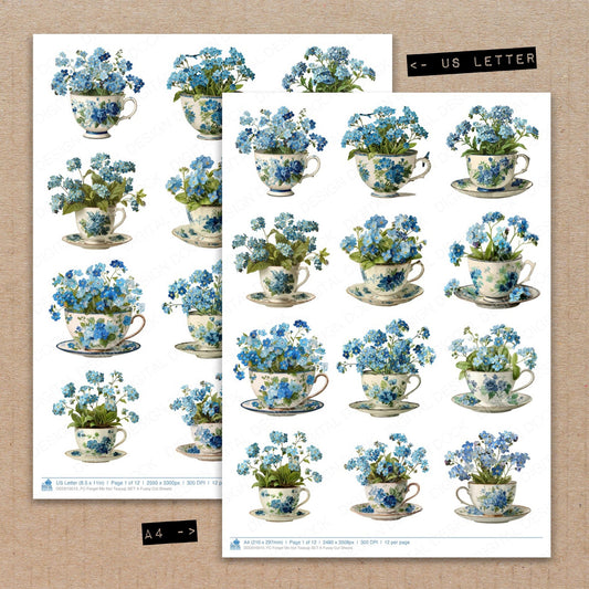 A4 and US Letter format comparison showing Forget Me Not Teacup A fussy cut pages for print and cut crafting