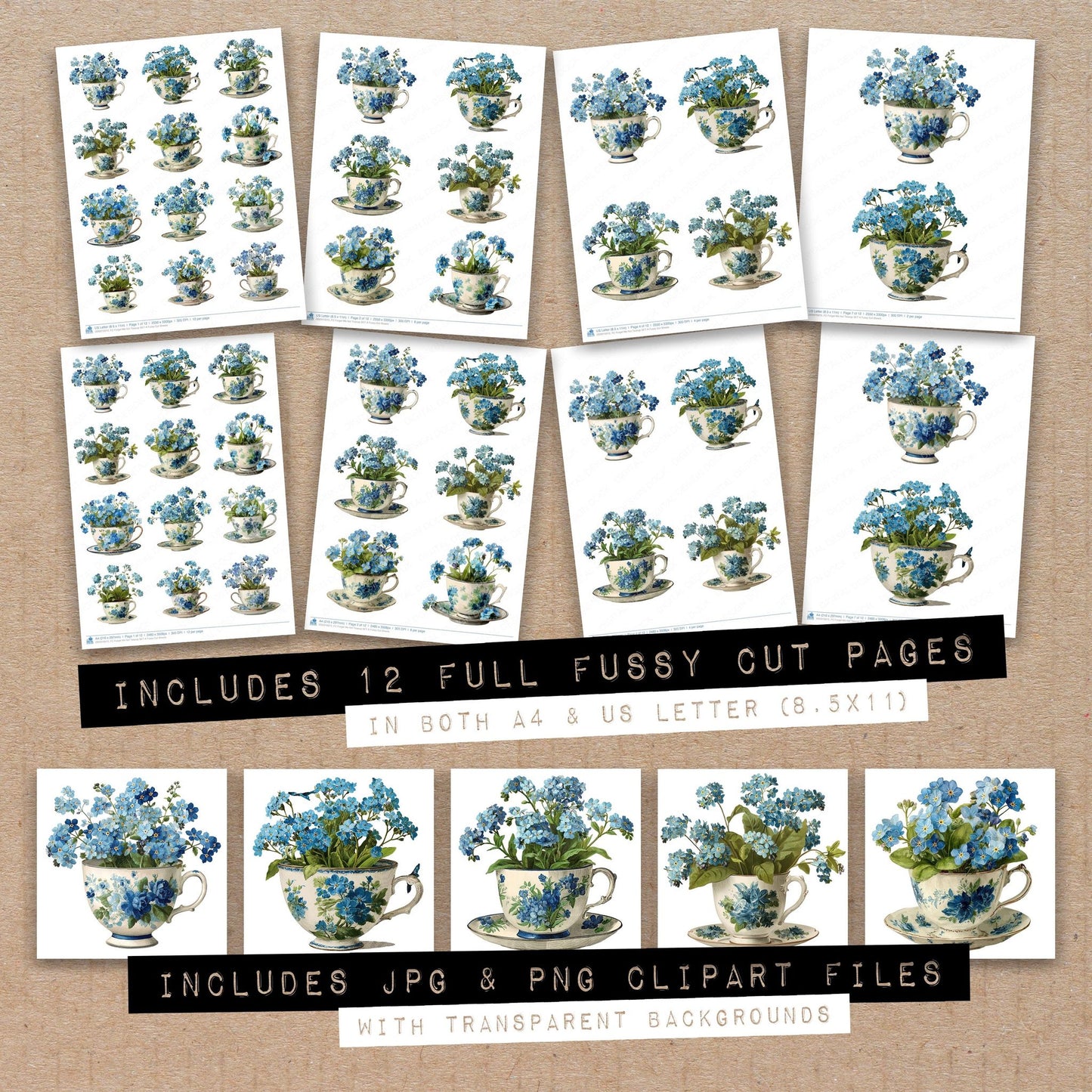 Full collection view of Forget Me Not Teacup A fussy cut sheets with bonus clipart JPG and PNG files