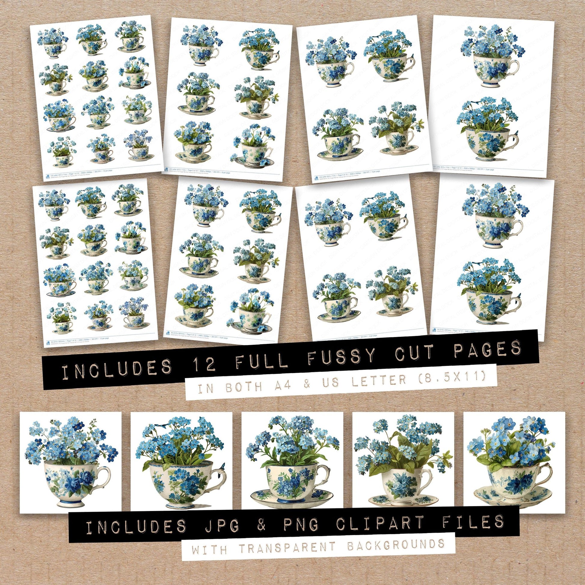 Full collection view of Forget Me Not Teacup A fussy cut sheets with bonus clipart JPG and PNG files