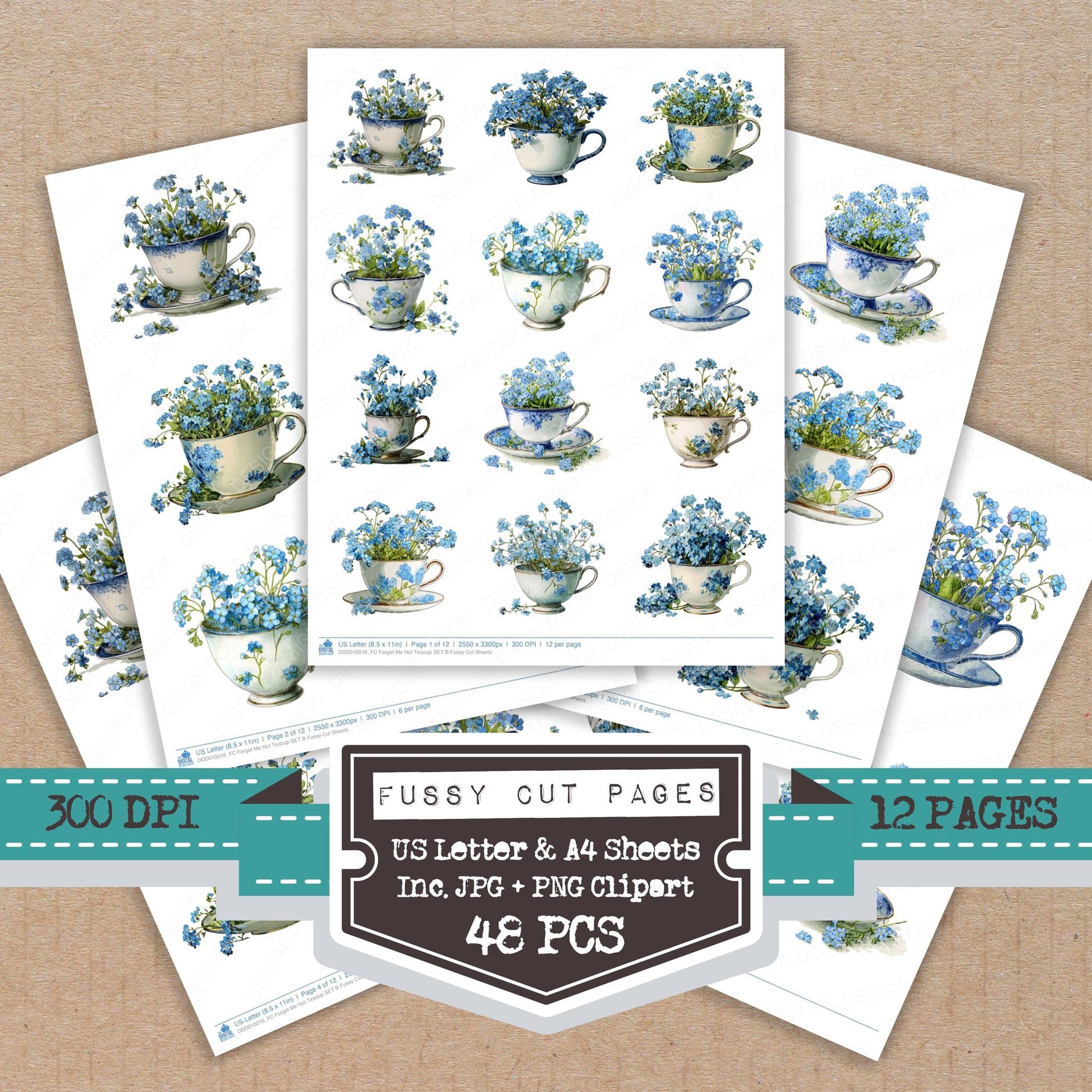 Forget Me Not Teacup B fussy cut printable sheets for junk journaling, scrapbooking, and paper craft projects