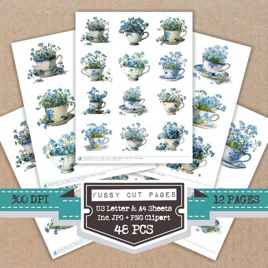 Forget Me Not Teacup B fussy cut printable sheets for junk journaling, scrapbooking, and paper craft projects