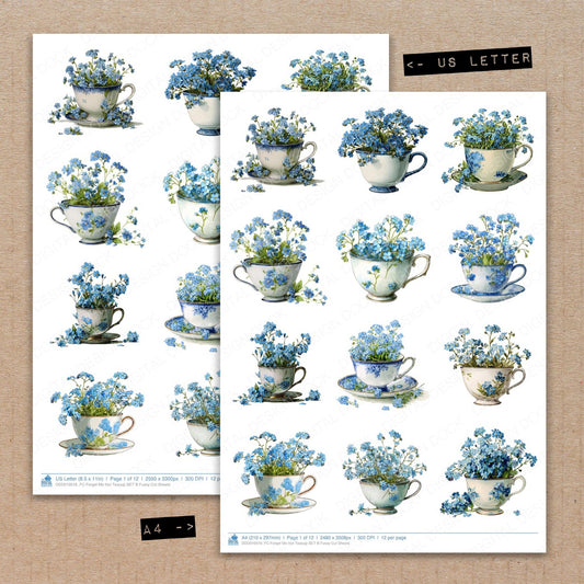 A4 and US Letter format comparison showing Forget Me Not Teacup B fussy cut pages for print and cut crafting