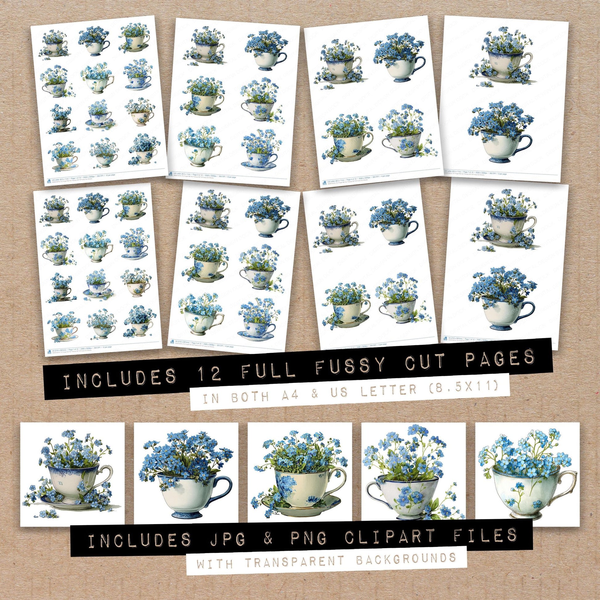 Full collection view of Forget Me Not Teacup B fussy cut sheets with bonus clipart JPG and PNG files