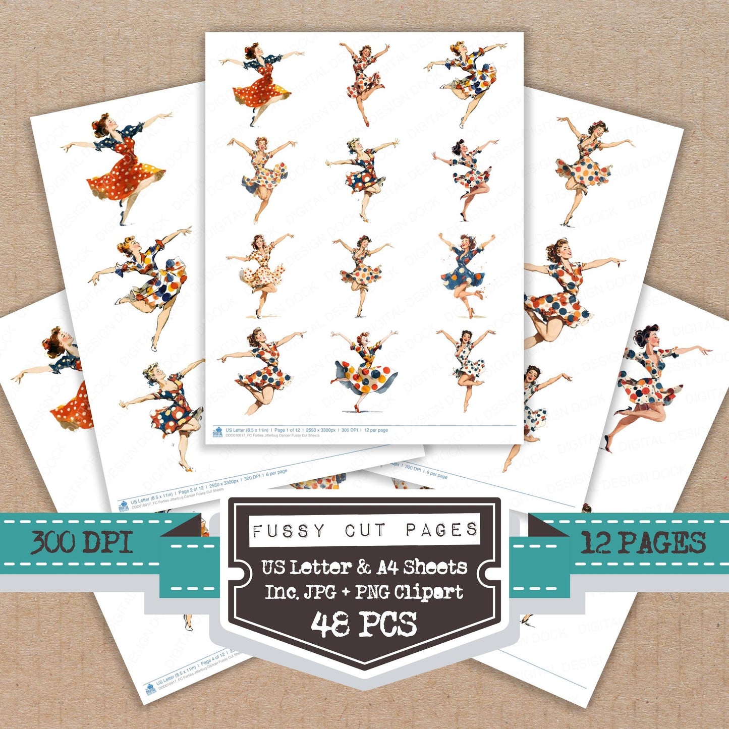 Forties Jitterbug Dancer fussy cut printable sheets for junk journaling, scrapbooking, and paper craft projects