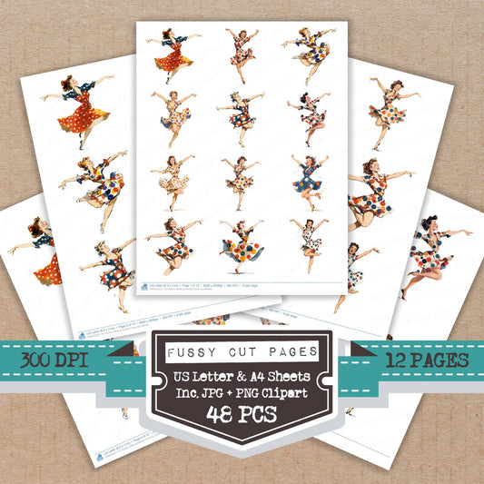 Forties Jitterbug Dancer fussy cut printable sheets for junk journaling, scrapbooking, and paper craft projects