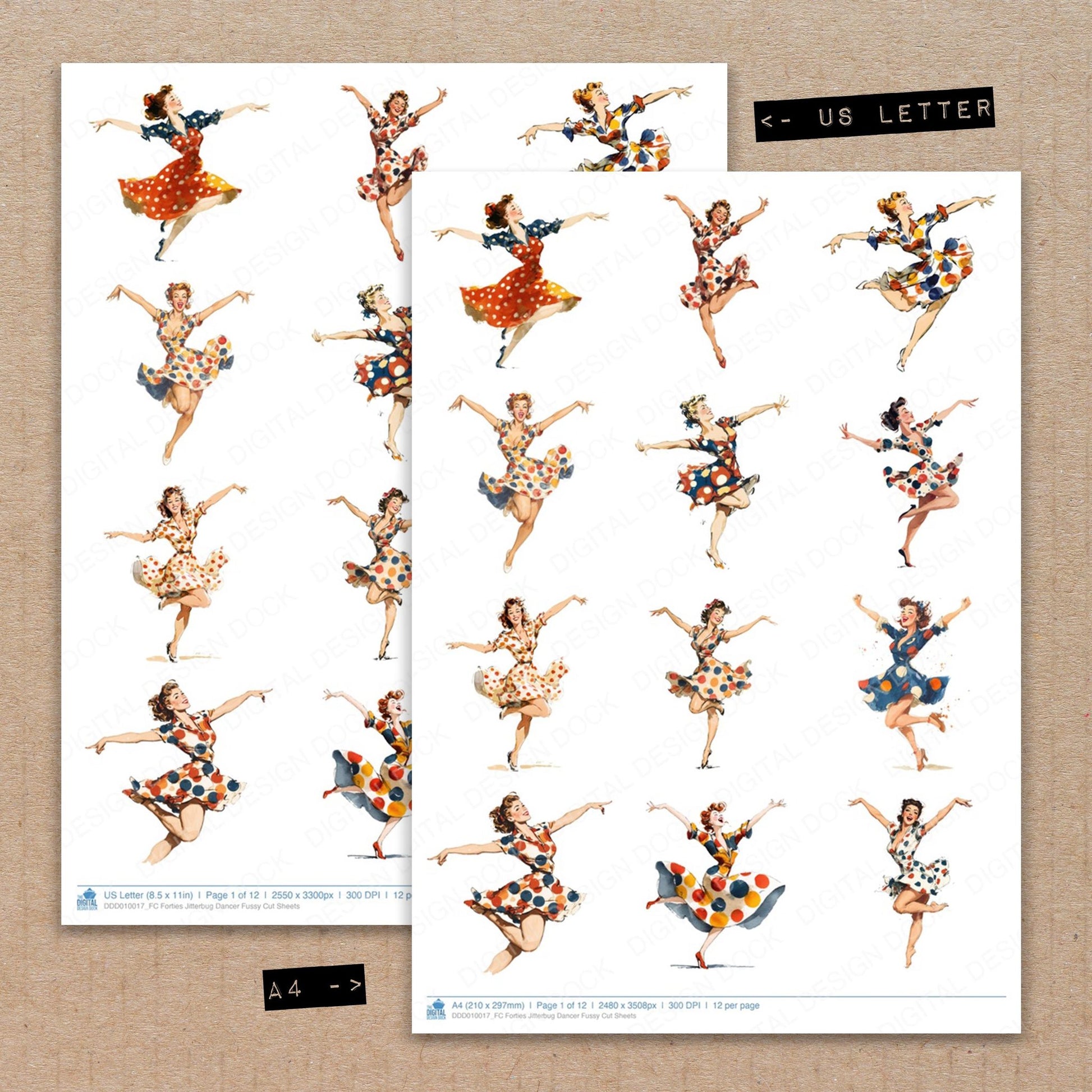 A4 and US Letter format comparison showing Forties Jitterbug Dancer fussy cut pages for print and cut crafting