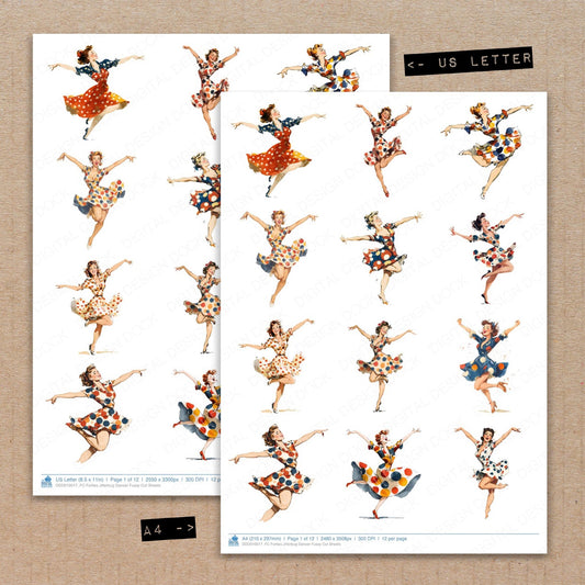 A4 and US Letter format comparison showing Forties Jitterbug Dancer fussy cut pages for print and cut crafting