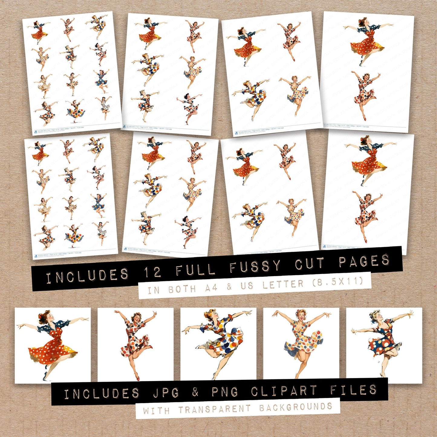 Full collection view of Forties Jitterbug Dancer fussy cut sheets with bonus clipart JPG and PNG files