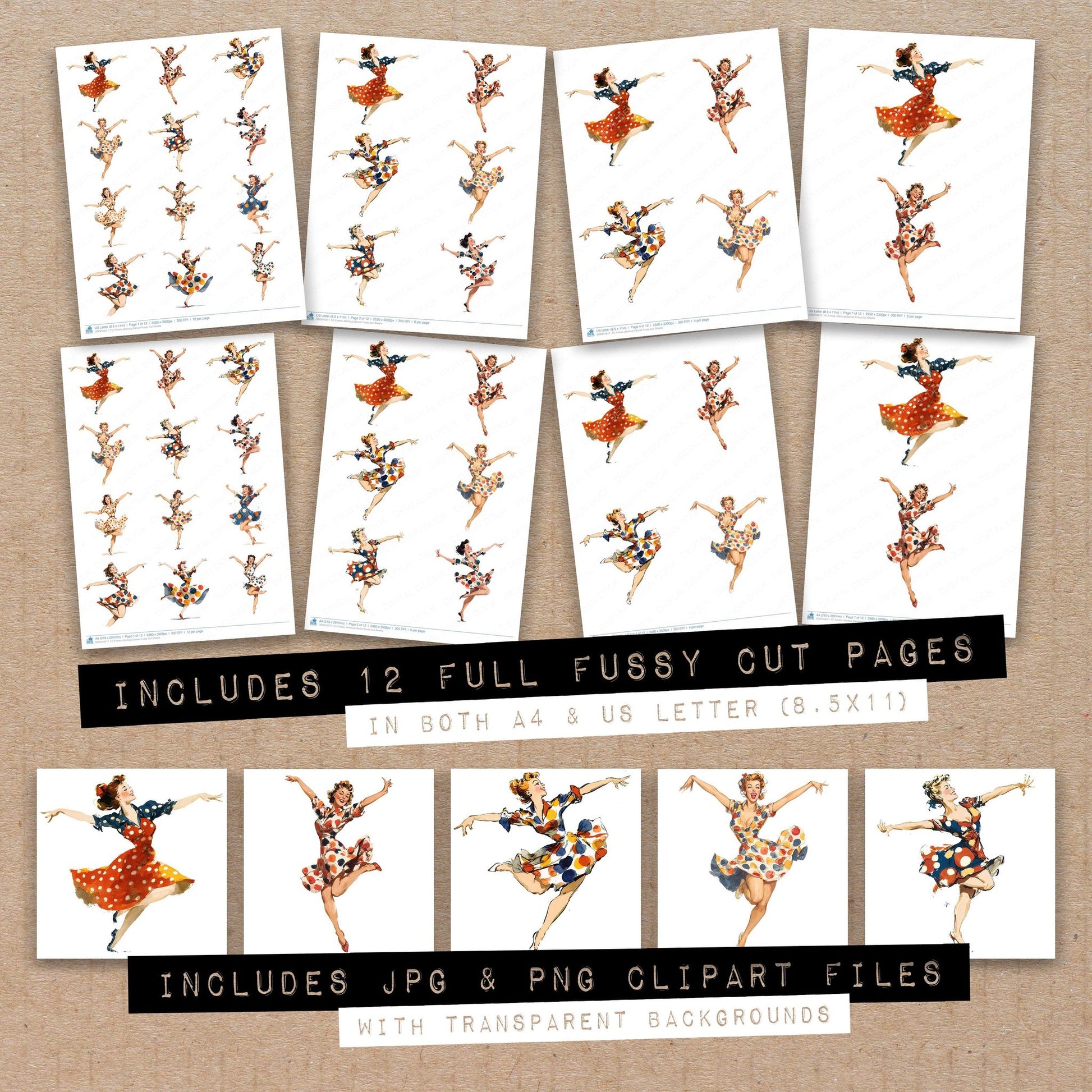 Full collection view of Forties Jitterbug Dancer fussy cut sheets with bonus clipart JPG and PNG files