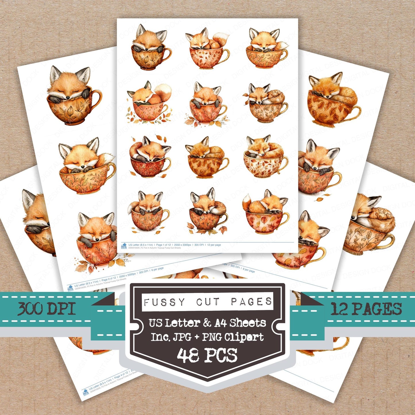 Fox in Autumn Teacup fussy cut printable sheets for junk journaling, scrapbooking, and paper craft projects
