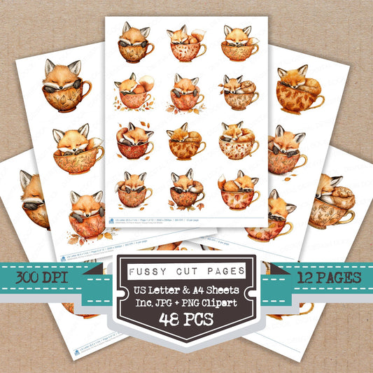 Fox in Autumn Teacup fussy cut printable sheets for junk journaling, scrapbooking, and paper craft projects