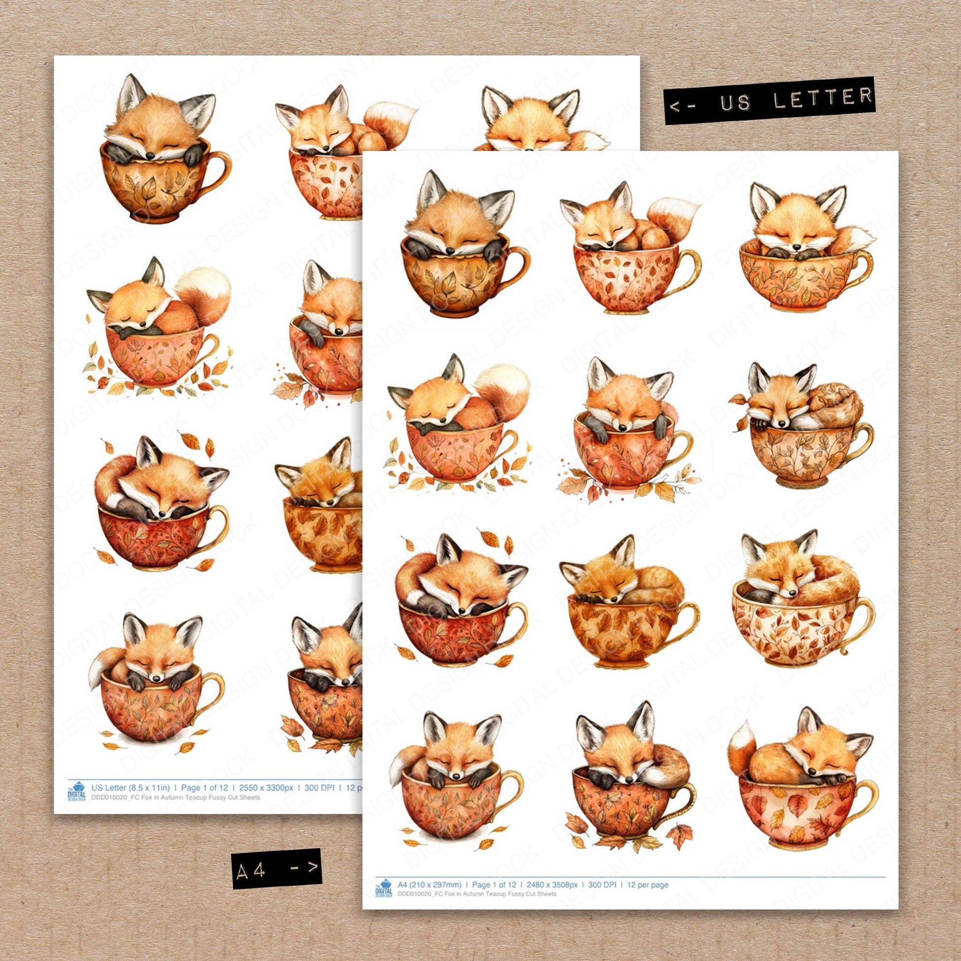 A4 and US Letter format comparison showing Fox in Autumn Teacup fussy cut pages for print and cut crafting