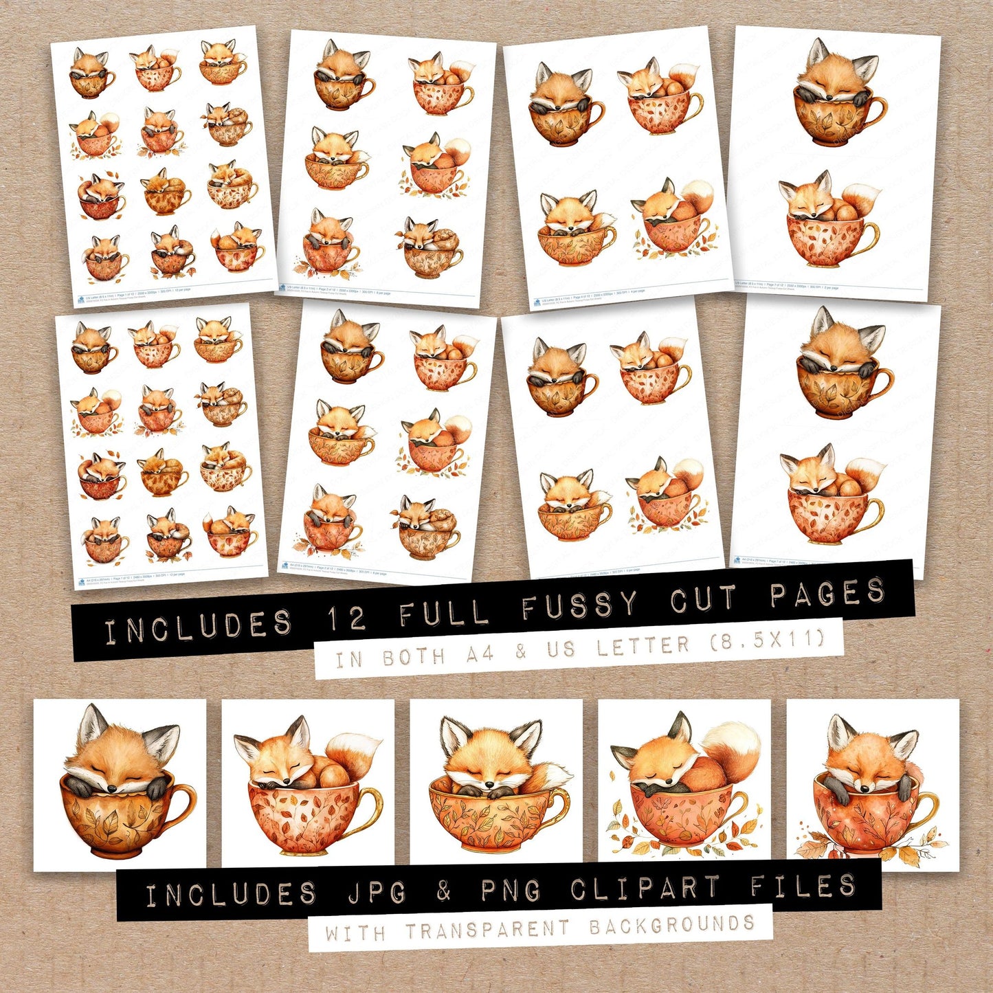 Full collection view of Fox in Autumn Teacup fussy cut sheets with bonus clipart JPG and PNG files