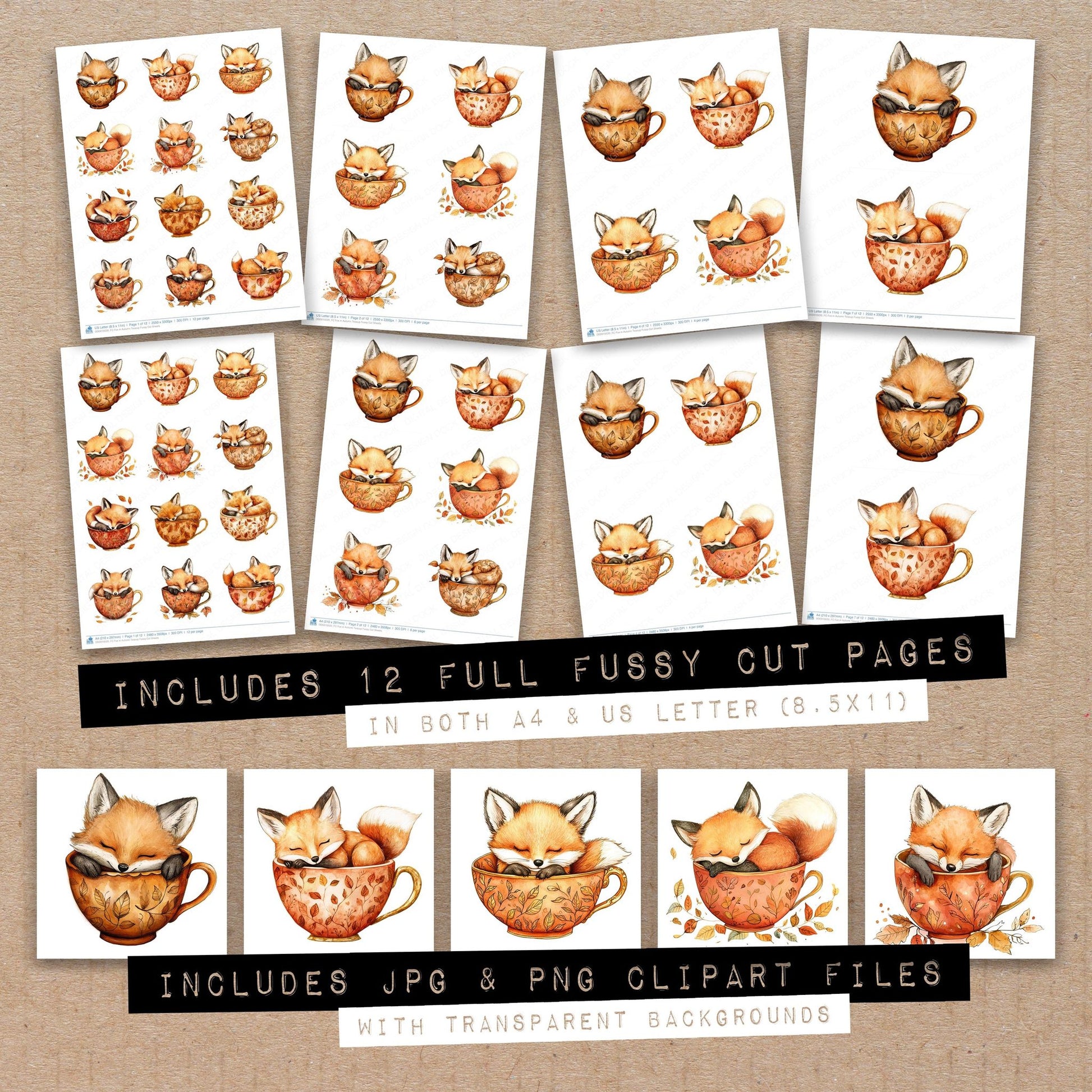 Full collection view of Fox in Autumn Teacup fussy cut sheets with bonus clipart JPG and PNG files