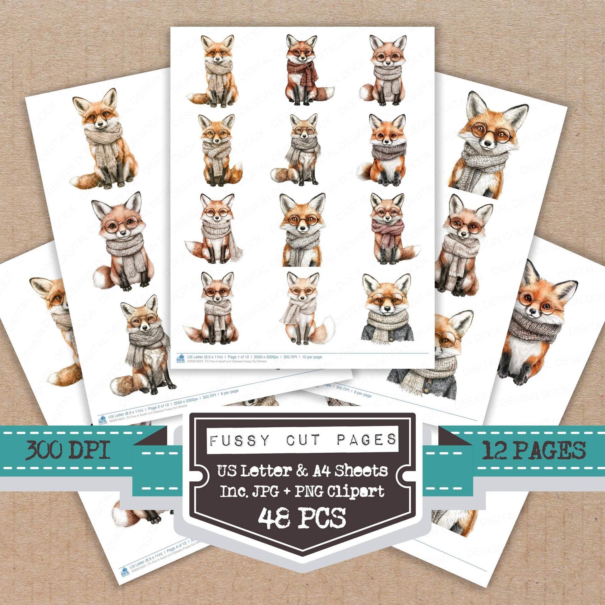 Fox in Scarf and Glasses fussy cut printable sheets for junk journaling, scrapbooking, and paper craft projects