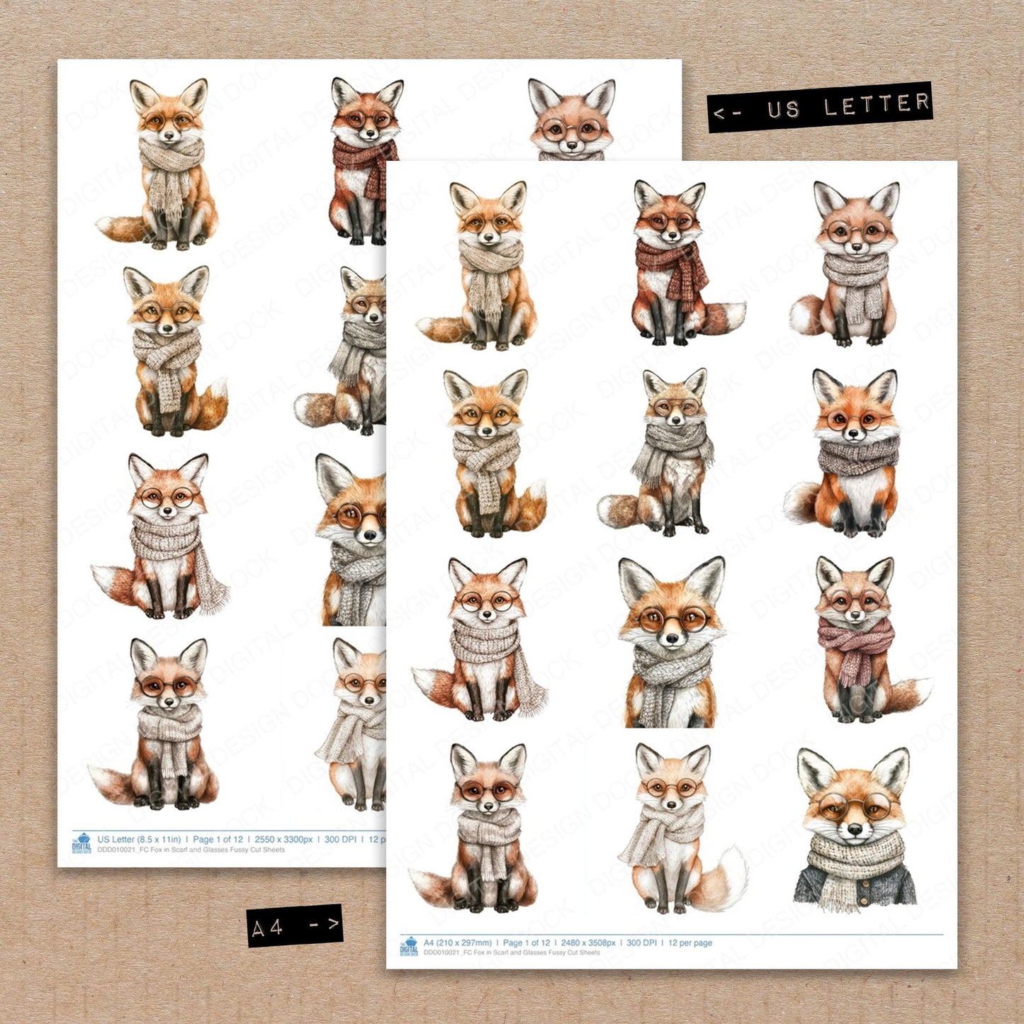 A4 and US Letter format comparison showing Fox in Scarf and Glasses fussy cut pages for print and cut crafting