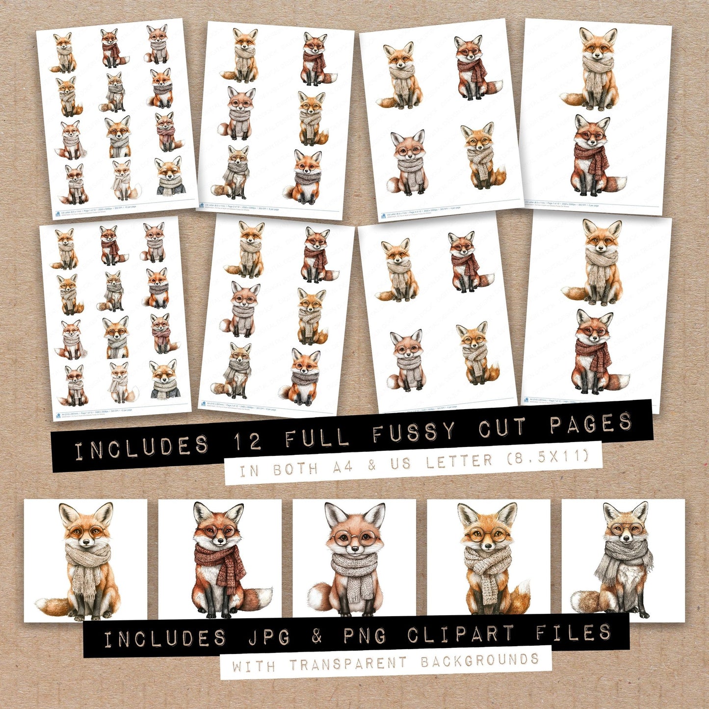Full collection view of Fox in Scarf and Glasses fussy cut sheets with bonus clipart JPG and PNG files