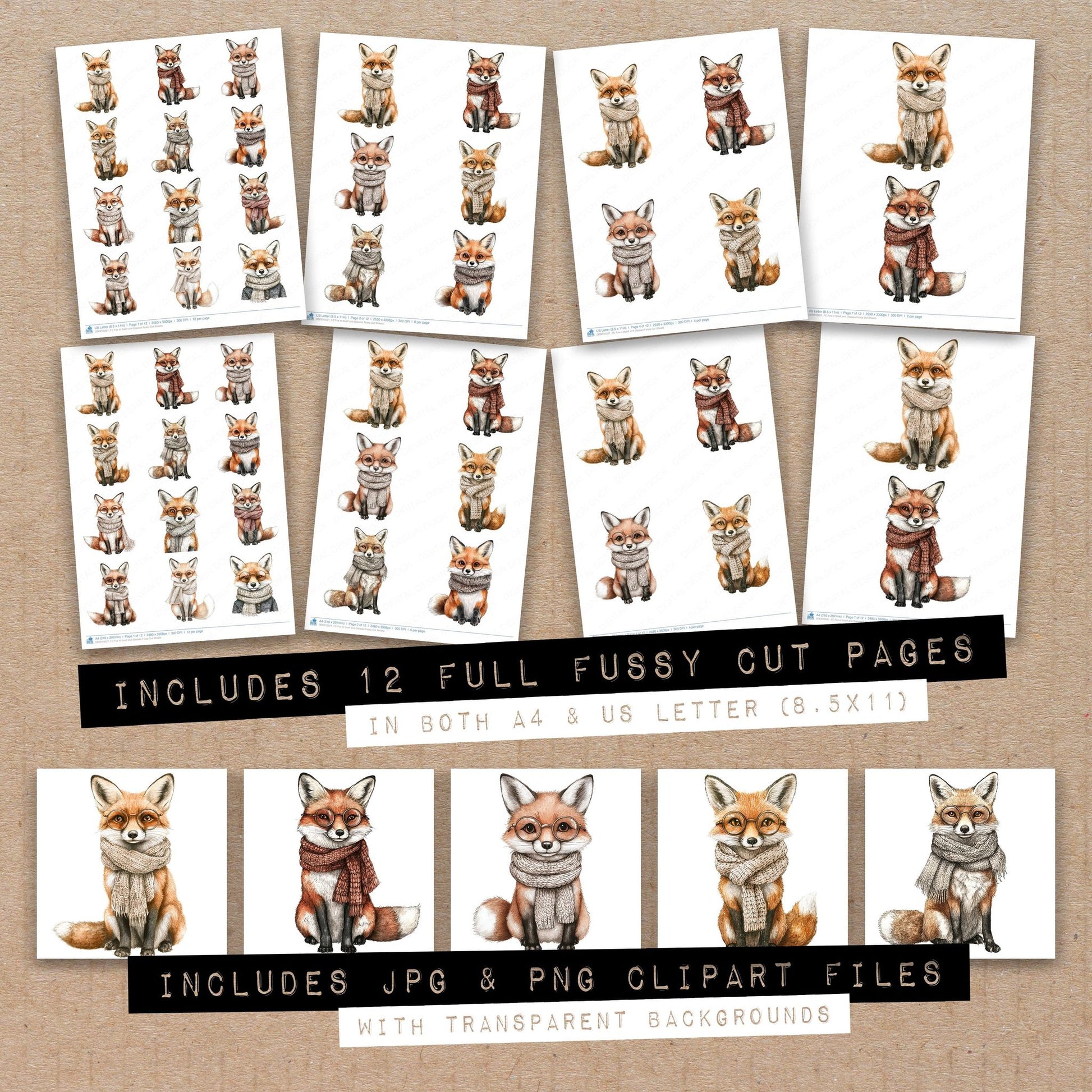 Full collection view of Fox in Scarf and Glasses fussy cut sheets with bonus clipart JPG and PNG files