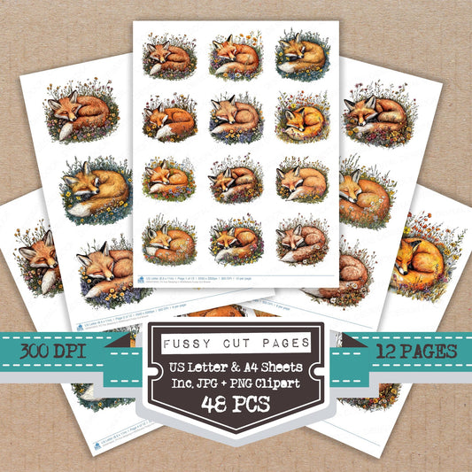 Fox Sleeping in Wildflowers fussy cut printable sheets for junk journaling, scrapbooking, and paper craft projects