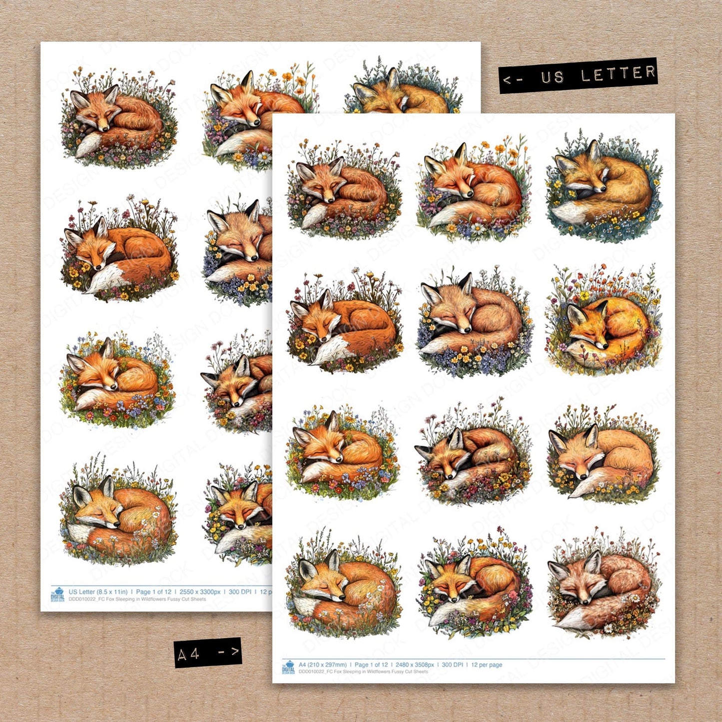 A4 and US Letter format comparison showing Fox Sleeping in Wildflowers fussy cut pages for print and cut crafting