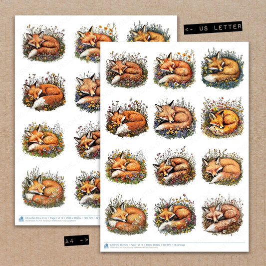 A4 and US Letter format comparison showing Fox Sleeping in Wildflowers fussy cut pages for print and cut crafting