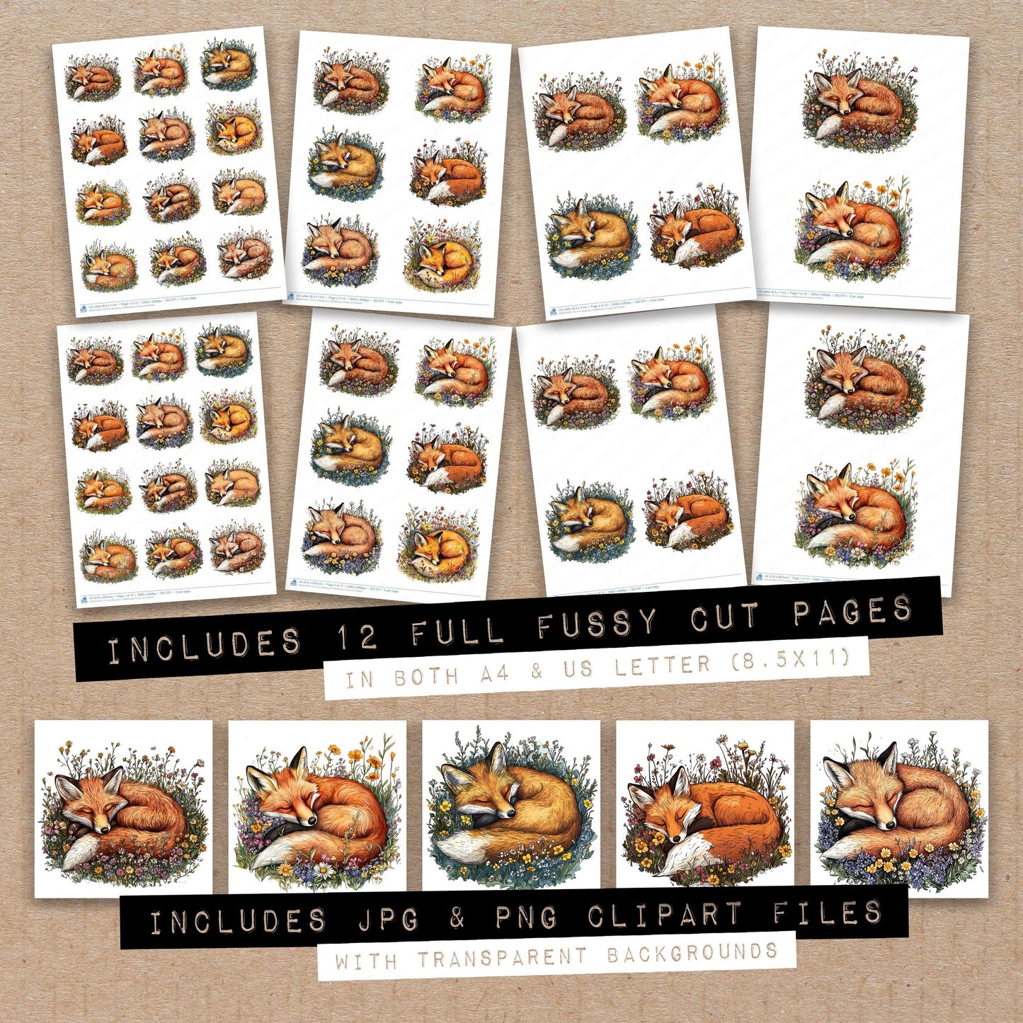 Full collection view of Fox Sleeping in Wildflowers fussy cut sheets with bonus clipart JPG and PNG files