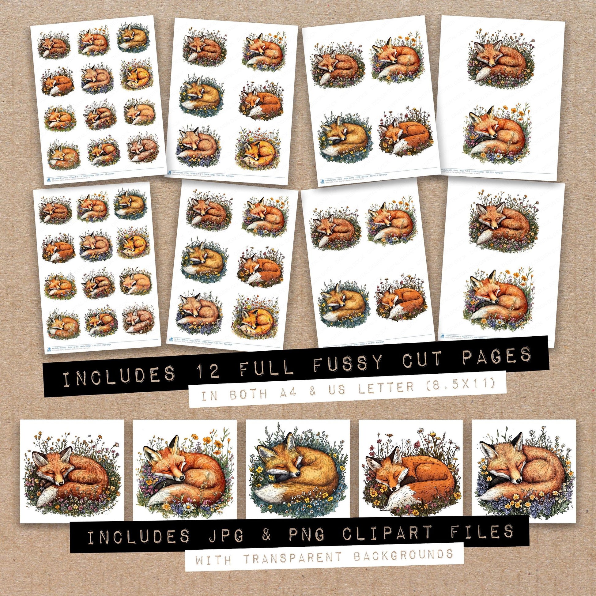 Full collection view of Fox Sleeping in Wildflowers fussy cut sheets with bonus clipart JPG and PNG files