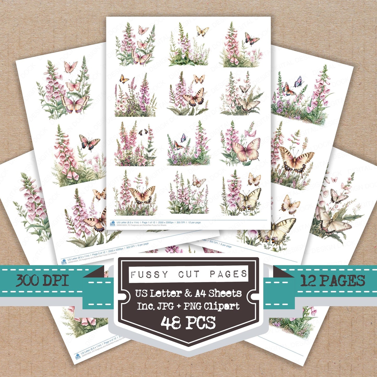 Foxgloves and Butterflies fussy cut printable sheets for junk journaling, scrapbooking, and paper craft projects