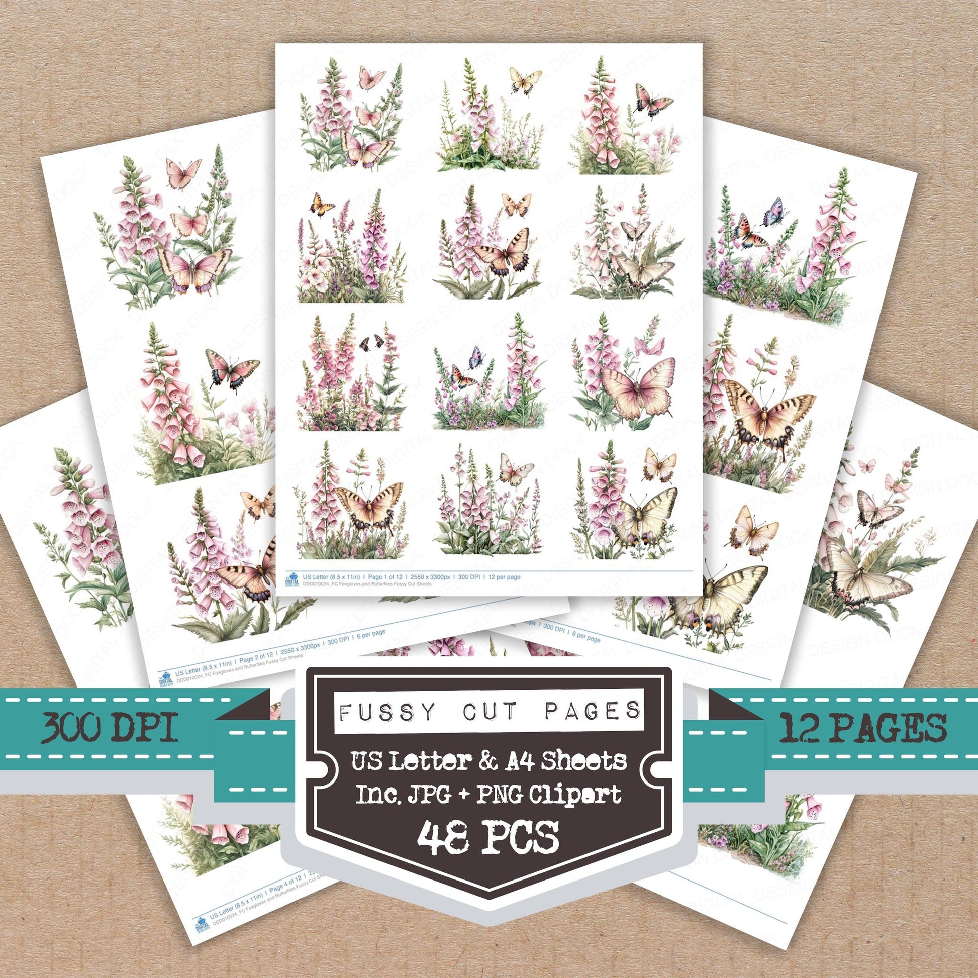 Foxgloves and Butterflies fussy cut printable sheets for junk journaling, scrapbooking, and paper craft projects