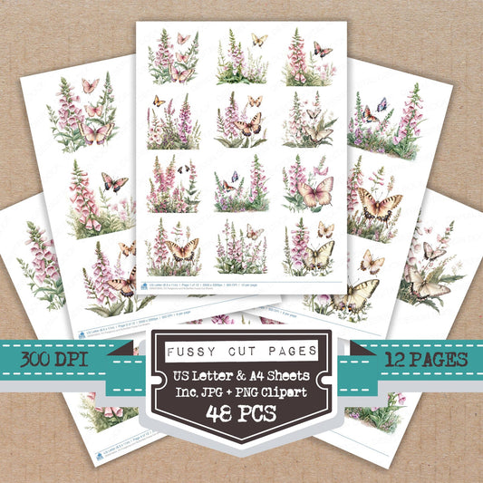 Foxgloves and Butterflies fussy cut printable sheets for junk journaling, scrapbooking, and paper craft projects
