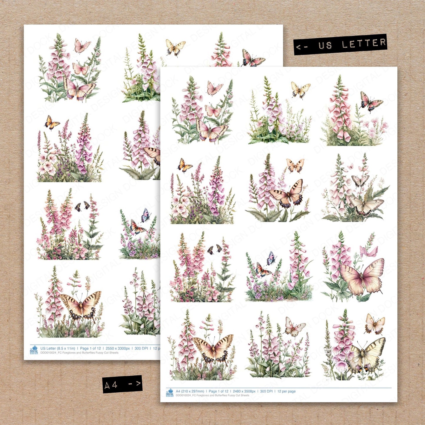 A4 and US Letter format comparison showing Foxgloves and Butterflies fussy cut pages for print and cut crafting