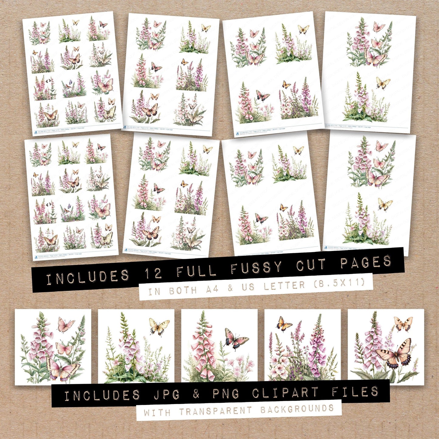 Full collection view of Foxgloves and Butterflies fussy cut sheets with bonus clipart JPG and PNG files