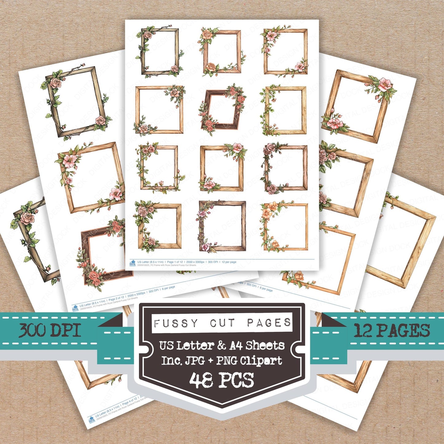Frame with Rose Garland fussy cut printable sheets for junk journaling, scrapbooking, and paper craft projects