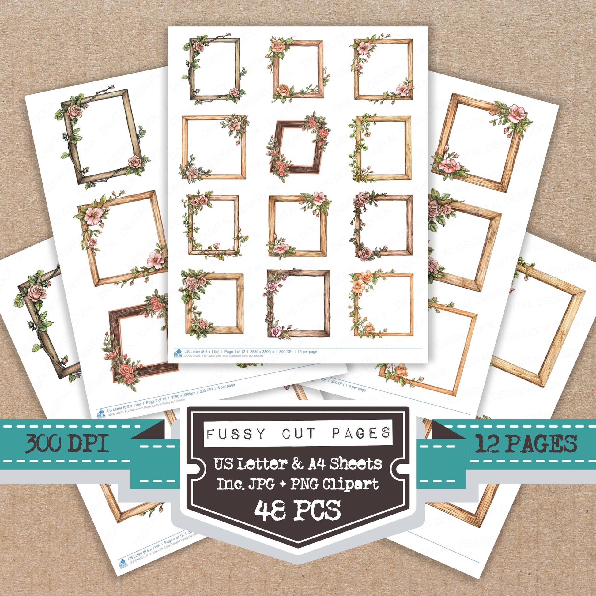 Frame with Rose Garland fussy cut printable sheets for junk journaling, scrapbooking, and paper craft projects