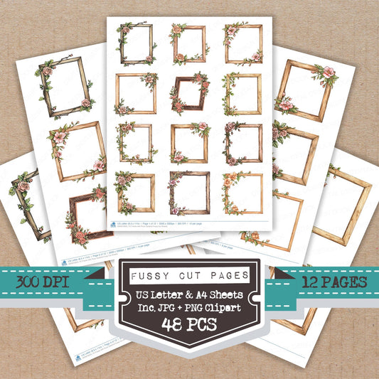Frame with Rose Garland fussy cut printable sheets for junk journaling, scrapbooking, and paper craft projects
