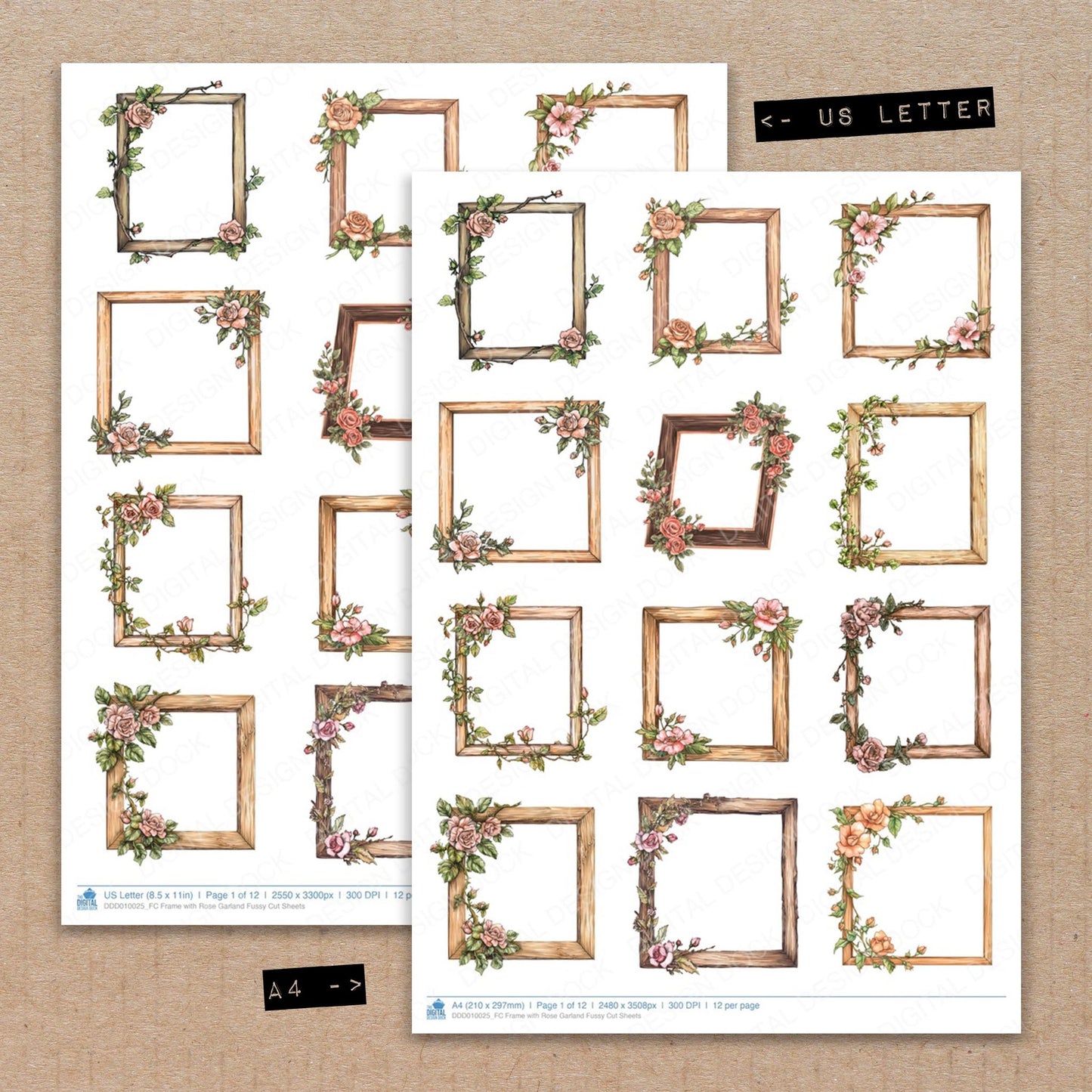 A4 and US Letter format comparison showing Frame with Rose Garland fussy cut pages for print and cut crafting