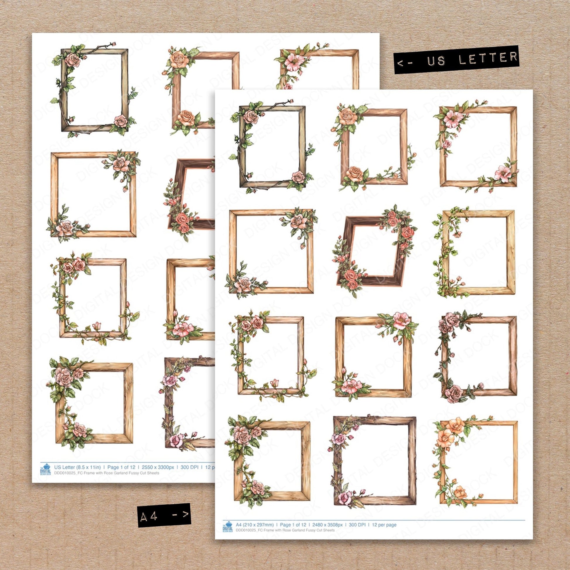 A4 and US Letter format comparison showing Frame with Rose Garland fussy cut pages for print and cut crafting