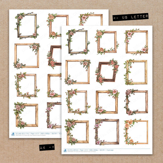 A4 and US Letter format comparison showing Frame with Rose Garland fussy cut pages for print and cut crafting
