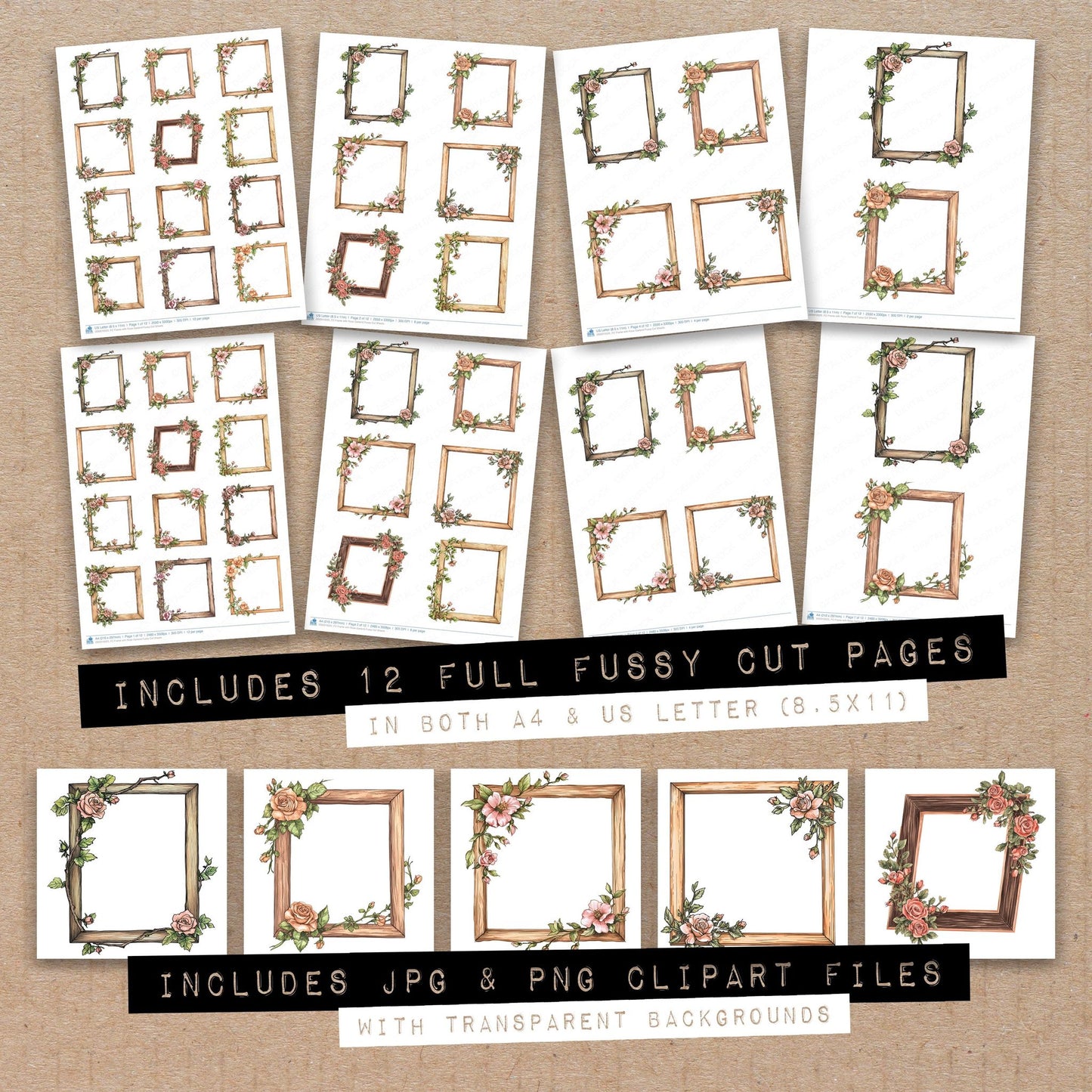 Full collection view of Frame with Rose Garland fussy cut sheets with bonus clipart JPG and PNG files