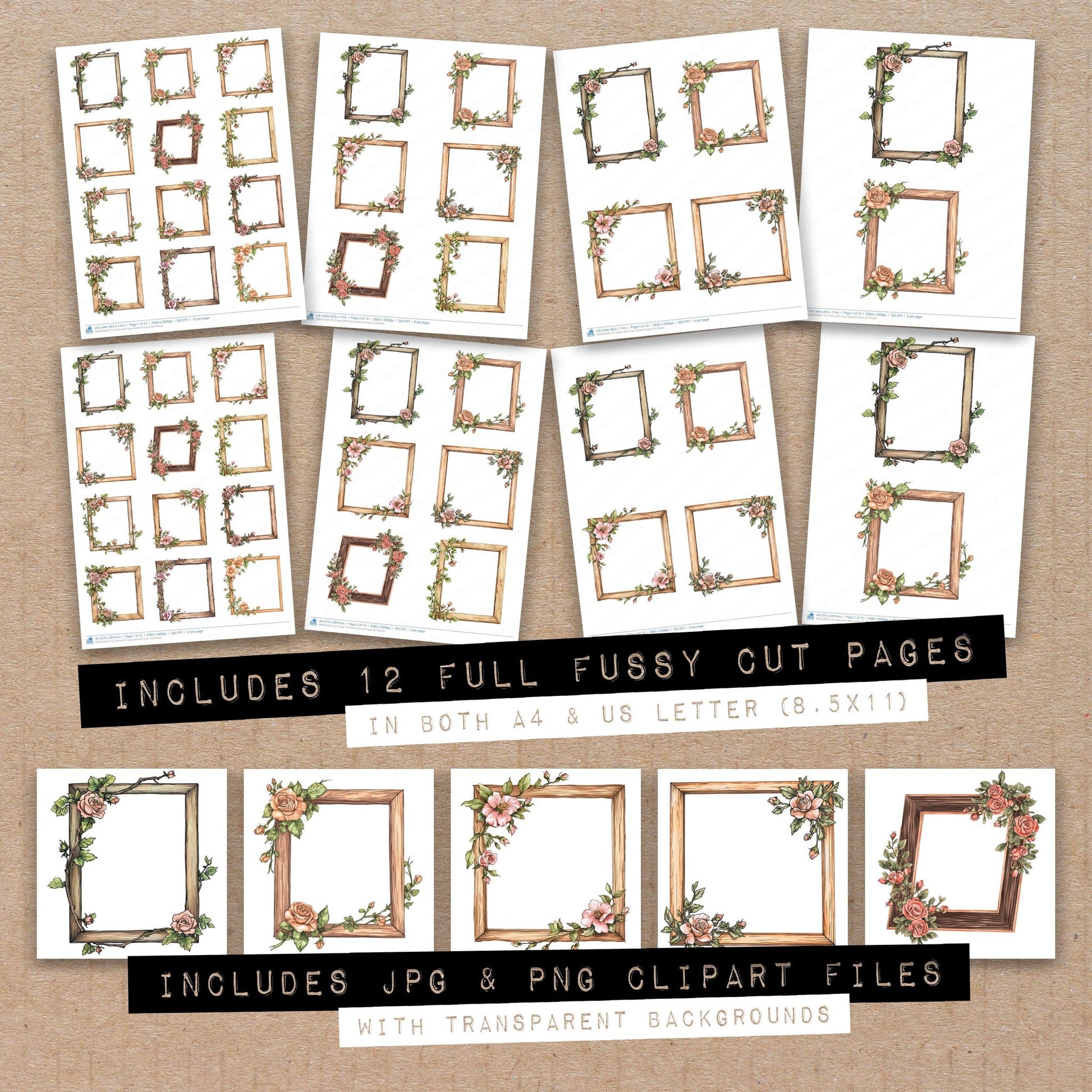 Full collection view of Frame with Rose Garland fussy cut sheets with bonus clipart JPG and PNG files
