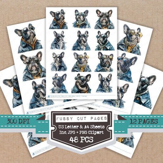 French Bulldog Sunglasses fussy cut printable sheets for junk journaling, scrapbooking, and paper craft projects