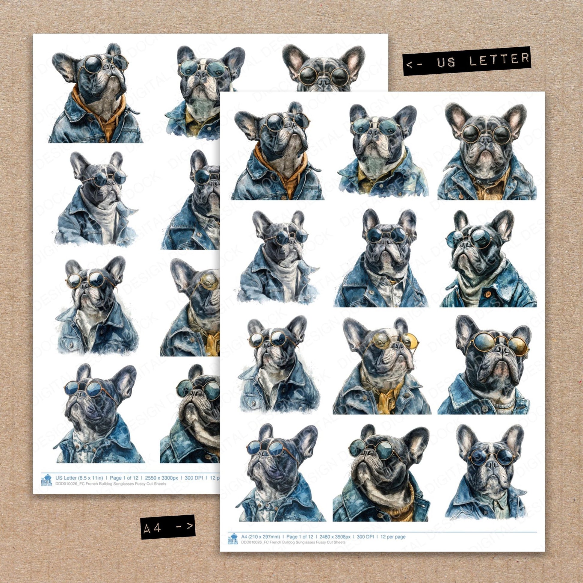 A4 and US Letter format comparison showing French Bulldog Sunglasses fussy cut pages for print and cut crafting