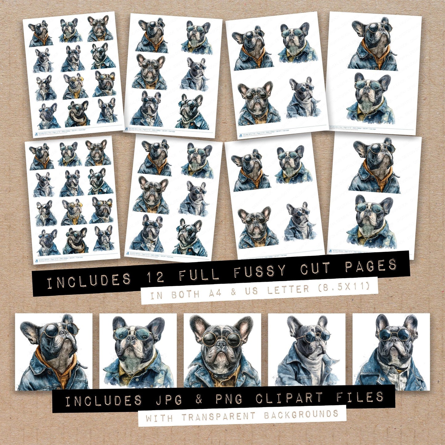 Full collection view of French Bulldog Sunglasses fussy cut sheets with bonus clipart JPG and PNG files