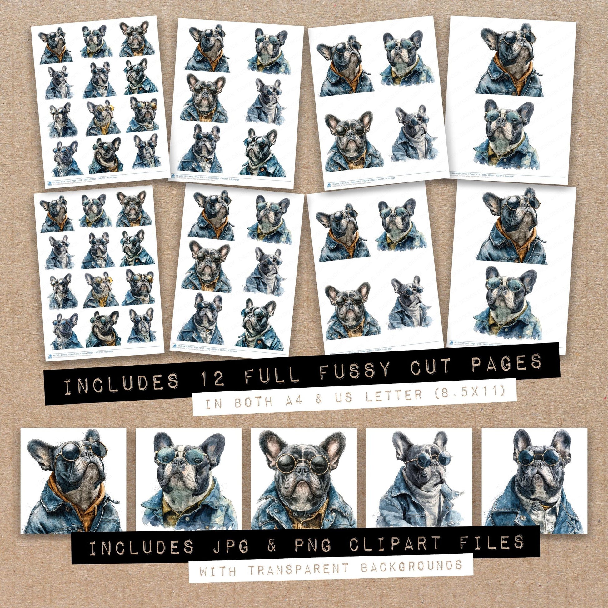 Full collection view of French Bulldog Sunglasses fussy cut sheets with bonus clipart JPG and PNG files